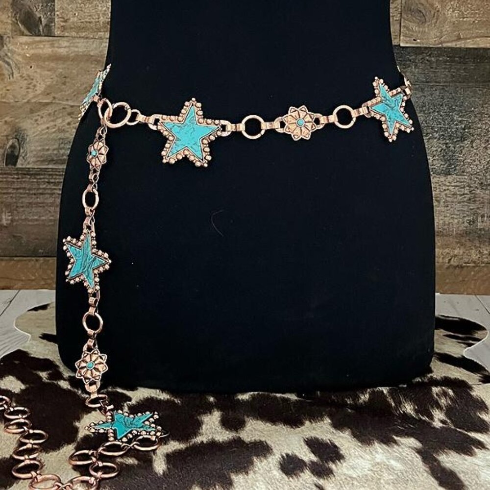 Western Concho Star Rustic Copper Belt Turquoise Accents
